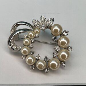 Vintage Circle Brooch Pin Faux Pearls Clear Rhinestones Silver Tone MCM Estate